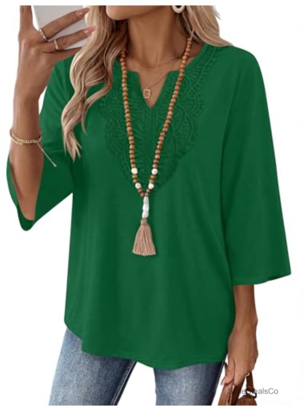 Ivicoer Womens 3/4 Sleeve V Neck Lace T-Shirt Loose Fit Casual Top
